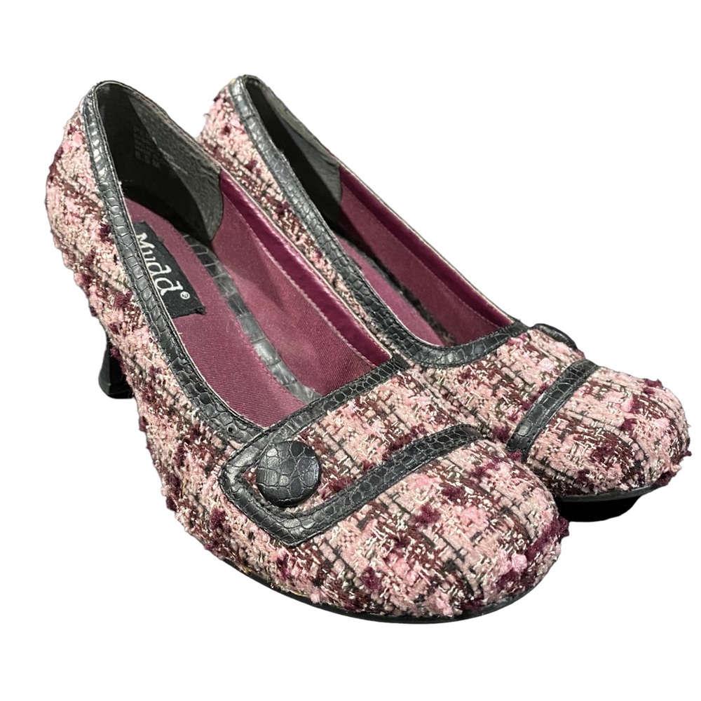 Mudd Purple Plaid Knit Fabric Heels Shoes Women's Size 8.5 M US Vintage Shoe